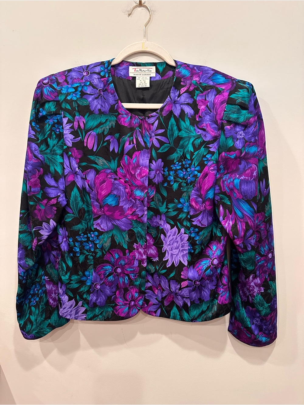 Vintage Talbots Maggy London 100% Silk Blazer Dark Florals Shoulder Pads Sz 16 - Picture 2 of 11